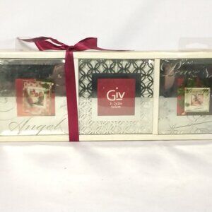 2 Sets, 3 Each Square Glass Ornamental Christmas Sayings & Base Tabletop Display